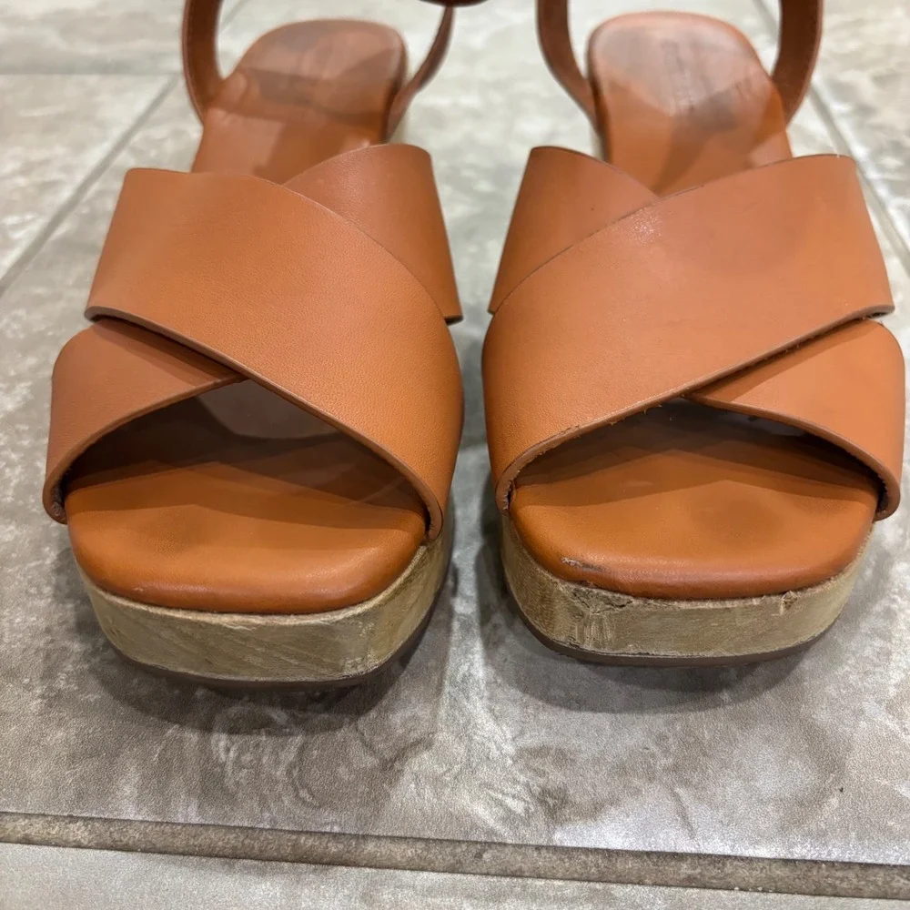 Everlane Leather Crossover Platform Sandal Brown Wood Wedge Ankle Strap sz 7.5 - Picture 4 of 11